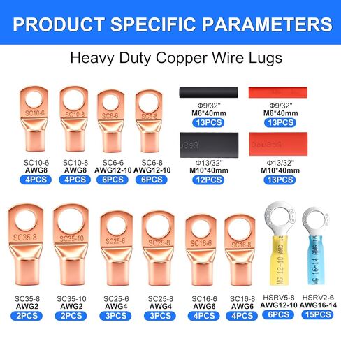 110Pcs Copper Wire Lugs Kit, Battery Terminal Connectors AWG 2 4 6 8 10 12 14 16 Gauge Heavy Duty Battery Cable Ends Ring Terminal Wire Connectors Kit with Heat Shrink Tubing in Kuwait