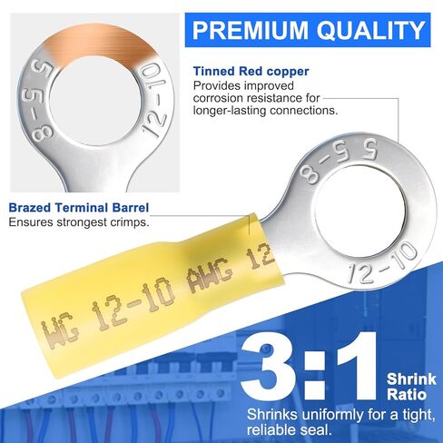 110Pcs Copper Wire Lugs Kit, Battery Terminal Connectors AWG 2 4 6 8 10 12 14 16 Gauge Heavy Duty Battery Cable Ends Ring Terminal Wire Connectors Kit with Heat Shrink Tubing in Kuwait