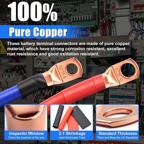 110Pcs Copper Wire Lugs Kit, Battery Terminal Connectors AWG 2 4 6 8 10 12 14 16 Gauge Heavy Duty Battery Cable Ends Ring Terminal Wire Connectors Kit with Heat Shrink Tubing in Kuwait