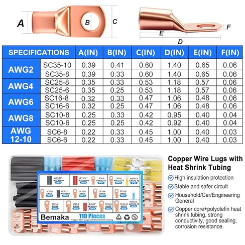 110Pcs Copper Wire Lugs Kit, Battery Terminal Connectors AWG 2 4 6 8 10 12 14 16 Gauge Heavy Duty Battery Cable Ends Ring Terminal Wire Connectors Kit with Heat Shrink Tubing in Kuwait