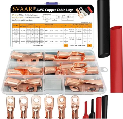 SVAAR 20pcs Battery Cable Ends Kit 1/0 AWG 2/0 AWG Copper Lugs 0 Gauge 00 Gauge Battery Cable Lugs with 3/8" and 5/16" Stud Heavy Duty Wire lugs Ring Terminal Connectors with 3:1 Heat Shrink Tube in Kuwait