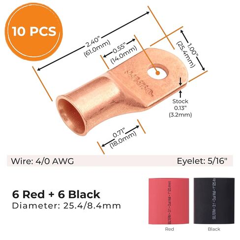 SELTERM 10 قطع - 4/0 Awg - 5/16 بوصة - عروات البطارية - موصلات طرفية حلقية | مع 12 قطعة 3: 1 أنابيب الانكماش الحراري باللونين الأسود والأحمر مع مادة لاصقة | نهايات كابلات البطارية شديدة التحمل - مجموعة عروات الأسلاك النحاسية العارية in Kuwait