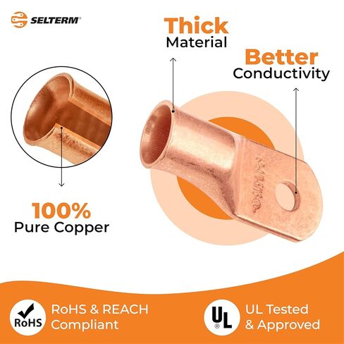SELTERM 10 قطع - 4/0 Awg - 5/16 بوصة - عروات البطارية - موصلات طرفية حلقية | مع 12 قطعة 3: 1 أنابيب الانكماش الحراري باللونين الأسود والأحمر مع مادة لاصقة | نهايات كابلات البطارية شديدة التحمل - مجموعة عروات الأسلاك النحاسية العارية in Kuwait