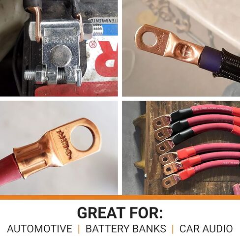 SELTERM 10 قطع - 4/0 Awg - 5/16 بوصة - عروات البطارية - موصلات طرفية حلقية | مع 12 قطعة 3: 1 أنابيب الانكماش الحراري باللونين الأسود والأحمر مع مادة لاصقة | نهايات كابلات البطارية شديدة التحمل - مجموعة عروات الأسلاك النحاسية العارية in Kuwait