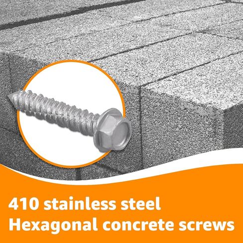100 PCS Concrete Screws 1/4" x 1-1/4", 410 Stainless Steel Hex Concrete Screw Kit with Drill Bit and Hex Bit Socket for Anchoring to Masonry, Block, Brick in Kuwait