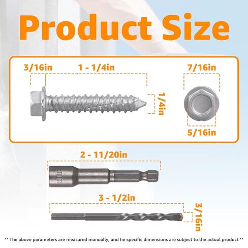 100 PCS Concrete Screws 1/4" x 1-1/4", 410 Stainless Steel Hex Concrete Screw Kit with Drill Bit and Hex Bit Socket for Anchoring to Masonry, Block, Brick in Kuwait