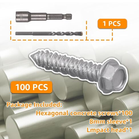 100 PCS Concrete Screws 1/4" x 1-1/4", 410 Stainless Steel Hex Concrete Screw Kit with Drill Bit and Hex Bit Socket for Anchoring to Masonry, Block, Brick in Kuwait