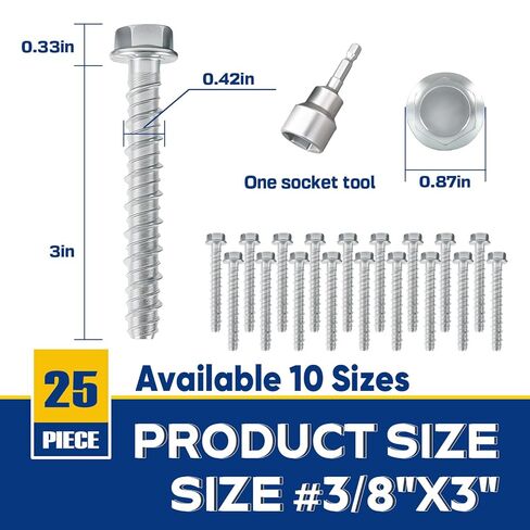 برغي خرسانة كبير بقطر 3/8 بوصة × 3 بوصة 25 حزمة - مرساة خرسانية شديدة التحمل، ومسامير بناء للطوب والكتل والخشب والإطار - براغي سداسية مطلية بالزنك in Kuwait