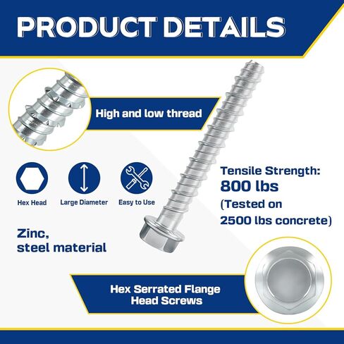 برغي خرسانة كبير بقطر 3/8 بوصة × 3 بوصة 25 حزمة - مرساة خرسانية شديدة التحمل، ومسامير بناء للطوب والكتل والخشب والإطار - براغي سداسية مطلية بالزنك in Kuwait