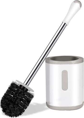 Compact Toilet Brush & Holder, Stainless Steel Handle, Space Saving for Storage, Deep Cleaning, Drip-Proof, Easy to Assemble, Nylon Bristles, White & Grey in Saudi Arabia