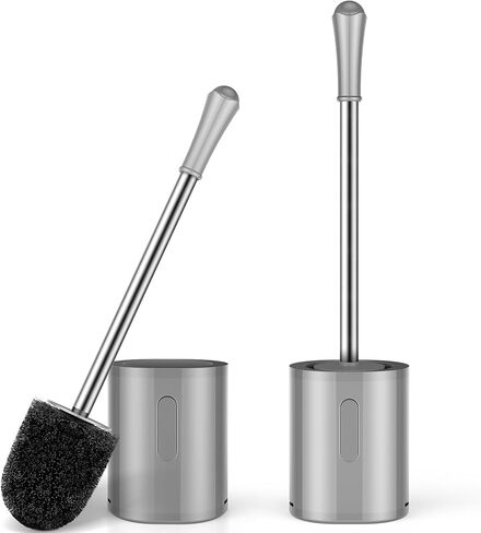 Compact Toilet Brush & Holder, Stainless Steel Handle, Space Saving for Storage, Deep Cleaning, Drip-Proof, Easy to Assemble, Nylon Bristles, White & Grey in Saudi Arabia