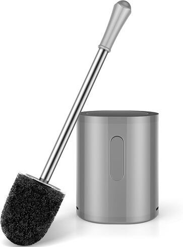 Compact Toilet Brush & Holder, Stainless Steel Handle, Space Saving for Storage, Deep Cleaning, Drip-Proof, Easy to Assemble, Nylon Bristles, White & Grey in Saudi Arabia