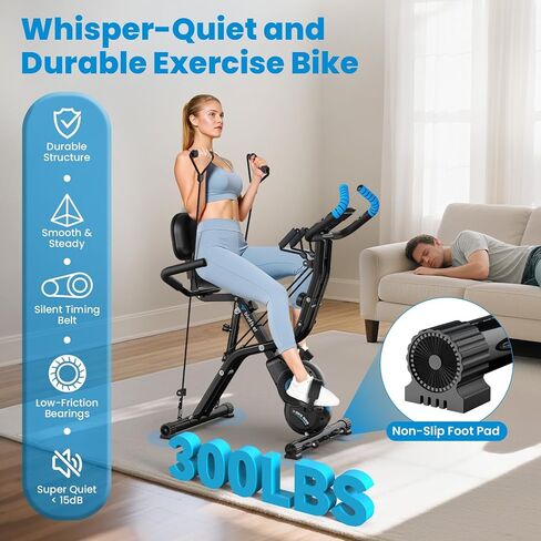 Foldable Exercise Bike, Multifunctional Indoor Stationary Bikes for Home with 8-Level Magnetic Resistance, Quiet Workout Bike with Arm Resistance Bands, LCD Monitor, 300LBS Capacity in Saudi Arabia