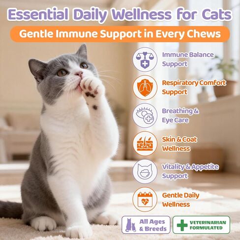 Lysine for Cats, 500ct Cat Immune Support Chews, L-Lysine Supplement for Cats with Colostrum, Omega-3, Soothes Sneezing, Runny Nose & Upper Respiratory Support, Crunchy & Creamy, Chicken Krill Flavor in Kuwait