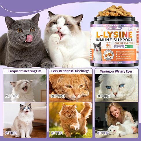 Lysine for Cats, 500ct Cat Immune Support Chews, L-Lysine Supplement for Cats with Colostrum, Omega-3, Soothes Sneezing, Runny Nose & Upper Respiratory Support, Crunchy & Creamy, Chicken Krill Flavor in Kuwait