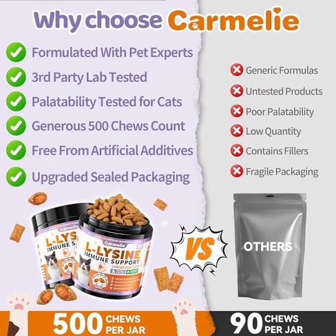 Lysine for Cats, 500ct Cat Immune Support Chews, L-Lysine Supplement for Cats with Colostrum, Omega-3, Soothes Sneezing, Runny Nose & Upper Respiratory Support, Crunchy & Creamy, Chicken Krill Flavor in Kuwait