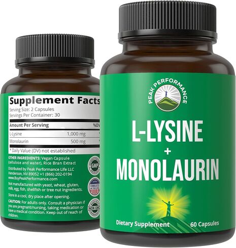 Peak Performance L Lysine 1000mg + Monolaurin 500mg Supplement for Immune Support - High Potency L-Lysine for Lips, Skin, & Health - 2-in-1 Bioavailable Supplements for Men and Women - 60 Capsules in Saudi Arabia