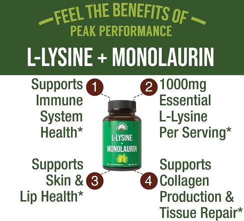 Peak Performance L Lysine 1000mg + Monolaurin 500mg Supplement for Immune Support - High Potency L-Lysine for Lips, Skin, & Health - 2-in-1 Bioavailable Supplements for Men and Women - 60 Capsules in Saudi Arabia