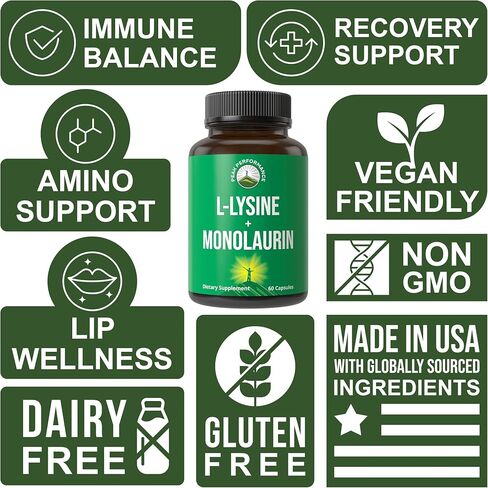 Peak Performance L Lysine 1000mg + Monolaurin 500mg Supplement for Immune Support - High Potency L-Lysine for Lips, Skin, & Health - 2-in-1 Bioavailable Supplements for Men and Women - 60 Capsules in Saudi Arabia
