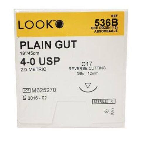 Look X536B Plain Gut Absorbable Sutures 4-0 18 C17 3/8 Circle Reverse Cutting 12mm 12/Pk in Saudi Arabia