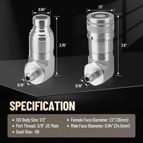 كوع 90 درجة 1/2 بوصة تركيبات قارنة التوصيل الهيدروليكية ذات الوجه المسطح 1/2 بوصة، حجم الجسم 1/2 بوصة × 3/8 بوصة JIC وصلة توصيل ذكر مع أغطية الغبار in Kuwait
