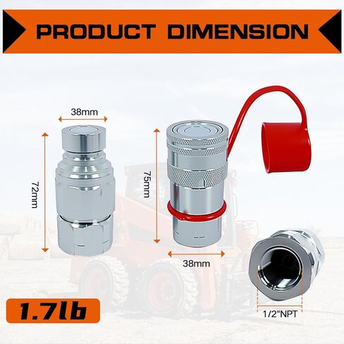 1/2'' NPT Skid Steer Hydraulic Couplers, Flat Face Hydraulic Quick Connect Couplers ISO16028, 5076 PSI & 23 GPM, with Secure Locking Sleeve & 2PCS Dust Covers, Carbon Steel Construction in Kuwait