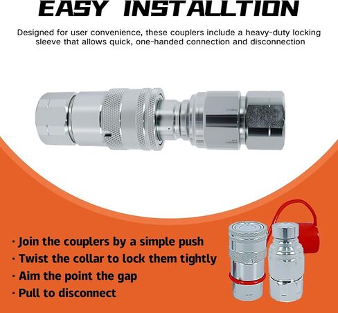 1/2'' NPT Skid Steer Hydraulic Couplers, Flat Face Hydraulic Quick Connect Couplers ISO16028, 5076 PSI & 23 GPM, with Secure Locking Sleeve & 2PCS Dust Covers, Carbon Steel Construction in Kuwait
