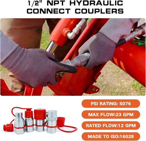 1/2'' NPT Skid Steer Hydraulic Couplers, Flat Face Hydraulic Quick Connect Couplers ISO16028, 5076 PSI & 23 GPM, with Secure Locking Sleeve & 2PCS Dust Covers, Carbon Steel Construction in Kuwait