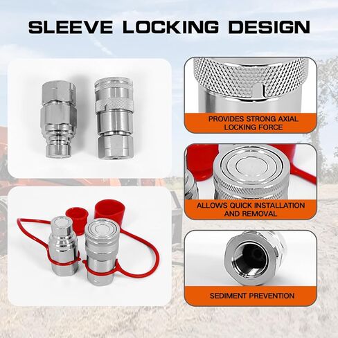 1/2'' NPT Skid Steer Hydraulic Couplers, Flat Face Hydraulic Quick Connect Couplers ISO16028, 5076 PSI & 23 GPM, with Secure Locking Sleeve & 2PCS Dust Covers, Carbon Steel Construction in Kuwait