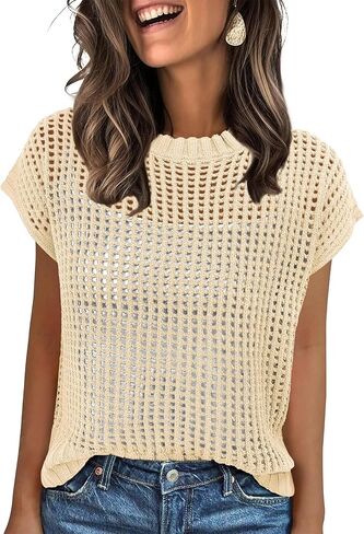 ANRABESS Womens Summer Crochet Sweater Tops Casual Cap Short Sleeve Hollow Out Mesh Knit Beach Cover Up Shirts 2025 Spring in Kuwait