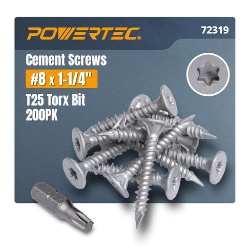 POWERTEC Cement Screws #8 x 1-1/4″, Ruspert Coated Concrete Screws with T25 Torx Star Drive Bit – High-Low Thread Masonry Screws for Cement Board, Concrete & Brick, 200-Pack (72319) in Saudi Arabia