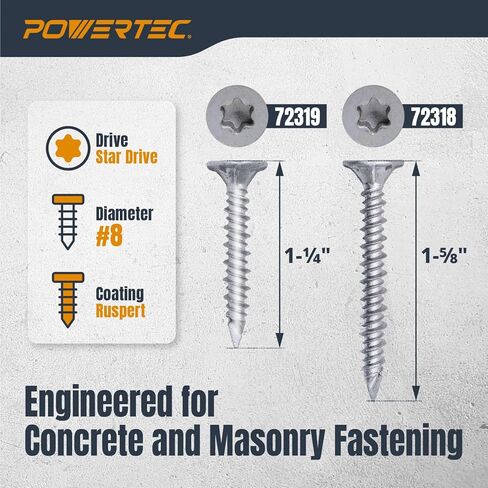 POWERTEC Cement Screws #8 x 1-1/4″, Ruspert Coated Concrete Screws with T25 Torx Star Drive Bit – High-Low Thread Masonry Screws for Cement Board, Concrete & Brick, 200-Pack (72319) in Saudi Arabia