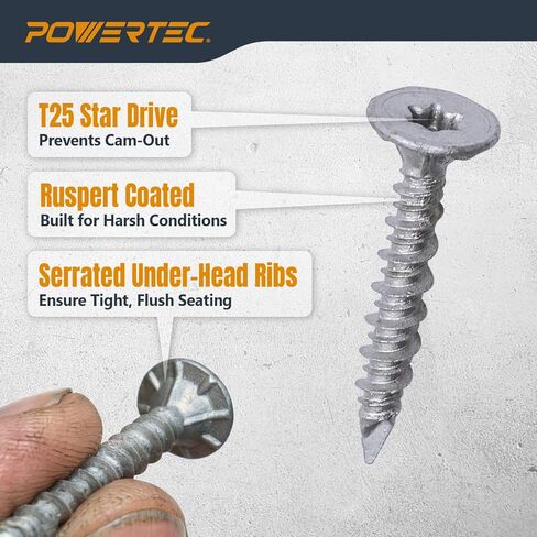 POWERTEC Cement Screws #8 x 1-1/4″, Ruspert Coated Concrete Screws with T25 Torx Star Drive Bit – High-Low Thread Masonry Screws for Cement Board, Concrete & Brick, 200-Pack (72319) in Saudi Arabia