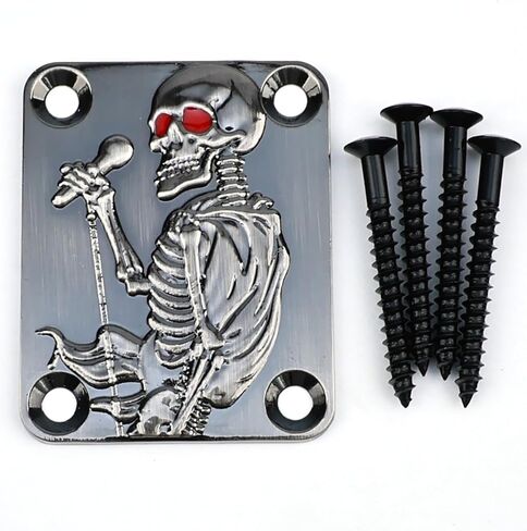 Skull Crooner Electric Guitar Neck Plate，Zinc Alloy 4-Bolt Rectangle Neck Joint Plate，3D Relief Joint Reinforce Board for Strat Telecaster Bass Guitar Parts Replacement (Black) in Saudi Arabia