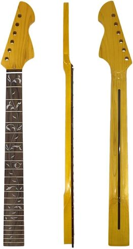 Maple Gloss Yellow Finish Electric Guitar Neck 25.5" Scale, Rosewood Fretboard 22 Frets, C Shape 10-12" Radius Normal Nut Bolt-On Heel Guitar Parts Replacement (Block Inlay with Binding) in Saudi Arabia