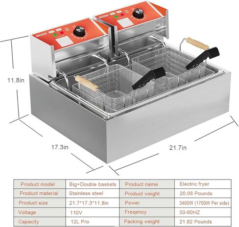 22L (23.25QT) Large Electric Deep Fryer with 3 Baskets - 3400W Thickened Stainless Steel Countertop Oil Fryer Temperature Control Easy Clean Catering Fryer in Saudi Arabia