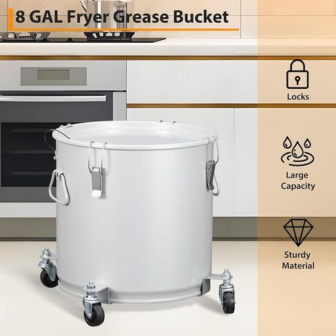 دلو شحوم المقلاة سعة 8 جالون، دلو زيت المقلاة مع غطاء، علبة التخلص من الزيت مع طلاء مقاوم للصدأ، وعاء فلتر زيت من الفولاذ الكربوني المطلي مع قاعدة عجلات، حاوية نقل الزيت مع مشابك قفل وحقيبة فلتر in Kuwait