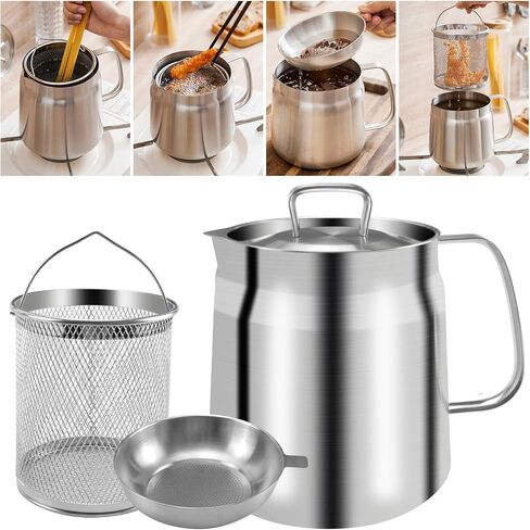 68oz Deep Fryer Pot with Basket and Oil Strainer, Abnaok 304 Stainless Steel Deep Frying Pot for French Fries, Chicken, or Japanese Tempura, Heavy Duty Bacon Grease Strainer in Saudi Arabia