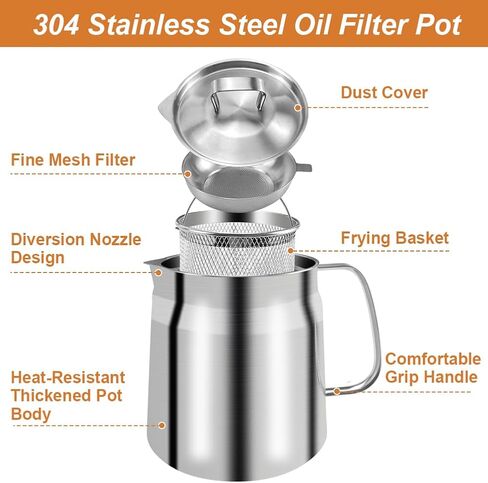 68oz Deep Fryer Pot with Basket and Oil Strainer, Abnaok 304 Stainless Steel Deep Frying Pot for French Fries, Chicken, or Japanese Tempura, Heavy Duty Bacon Grease Strainer in Saudi Arabia