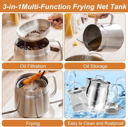 68oz Deep Fryer Pot with Basket and Oil Strainer, Abnaok 304 Stainless Steel Deep Frying Pot for French Fries, Chicken, or Japanese Tempura, Heavy Duty Bacon Grease Strainer in Saudi Arabia