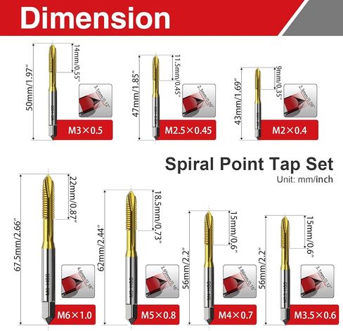 مجموعة حنفية لولبية 7 قطع M2 M2.5 M3 M3.5 M4 M5 M6، فولاذ عالي السرعة مطلي بالتيتانيوم 6542 أداة خيوط لأعمال المعادن والإصلاح الدقيق in Kuwait
