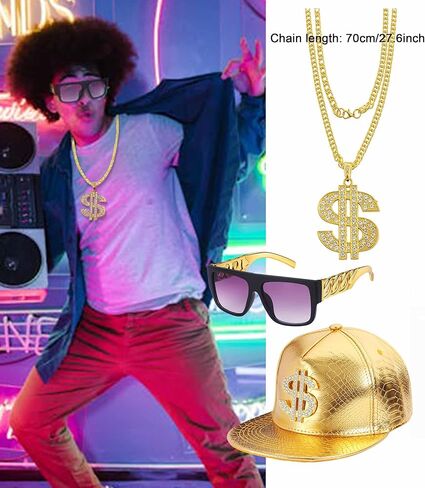 الهيب هوب زي كيت الذهب مغني الراب قبعة النظارات الشمسية الذهب علامة الدولار قلادة القلائد 80s/90s مغني الراب الملحقات in Kuwait