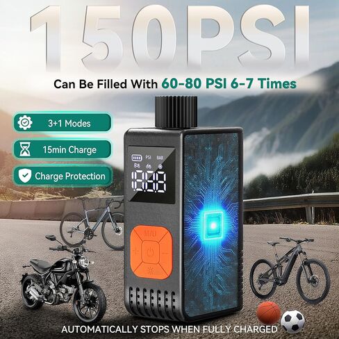 YITAMOTOR Mini Electric Bike Pump with Gauge Max 150PSI, Bike Tire Pump Portable, Rechargeable Bicycle Air Pump Auto Stop with Presta and Schrader Valve for MTB Road Bike Mountain Bike and Balls in Saudi Arabia