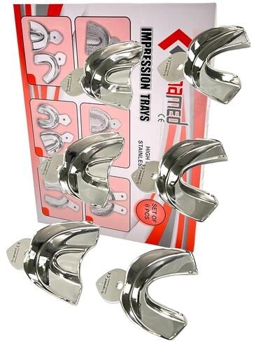 German Stainless-Dental Impression Trays 6 Small Medium Large Upper and Lowers Stainless Steel-Denture Instruments-Cynamed Set of 6 (Non-Perforated (Solid) Set of 6) in Kuwait