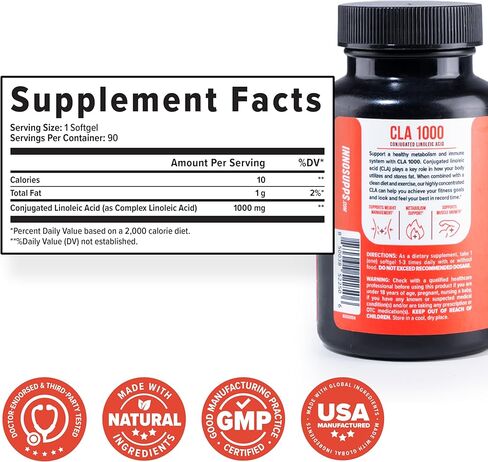 InnoSupps CLA 1000 مجم - مكملات CLA مع زيت القرطم - يدعم عملية التمثيل الغذائي، وتعافي العضلات الهزيلة ونموها، والقدرة على التحمل، وصحة المناعة (30 كبسولة) in Kuwait