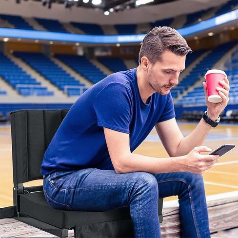 Portable Stadium Seat with Back Support, Folding Bleacher Chair with Cushion, Cup Holders, Storage Pockets & Shoulder Strap – Ideal for Sports Events, Camping & Picnics (Black) in Saudi Arabia