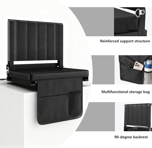 Portable Stadium Seat with Back Support, Folding Bleacher Chair with Cushion, Cup Holders, Storage Pockets & Shoulder Strap – Ideal for Sports Events, Camping & Picnics (Black) in Saudi Arabia