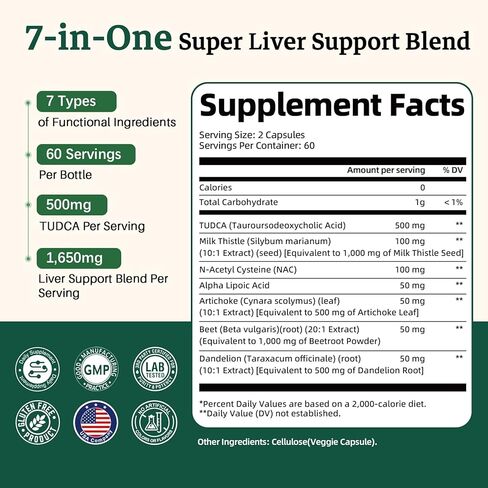 مكمل TUDCA 7 في واحد، 3650 مجم مع شوك الحليب، NAC، حمض ألفا ليبويك، جذر الهندباء، أملاح الصفراء TUDCA لتنظيف الكبد من السموم وإصلاحه، تدفق الصفراء ودعم الجهاز الهضمي - 120 كبسولة in Kuwait