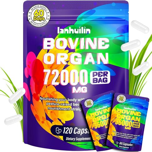 مكمل لأعضاء البقر للنساء - 100% أعضاء من لحم البقر الذي يتغذى على العشب مع الكبد البقري والمبيض والرحم والكلى والقلب وقناتي فالوب - الدورة الشهرية وانقطاع الطمث والطاقة ودعم المناعة والمزاج، 120 قطعة in Kuwait