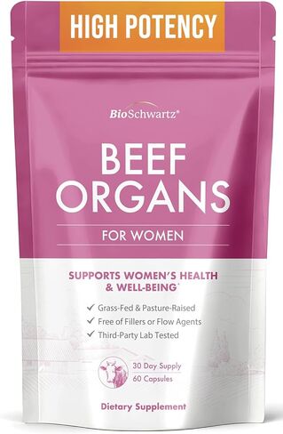 BioSchwartz Primal Beef Organ Supplement for Women - 60 Capsules - Grass-Fed & Pasture-Raised - Supports Healthy Hair Skin and Nails, Hormone Balance - with Bovine Liver, Kidney, Heart, Uterus Powder in Kuwait
